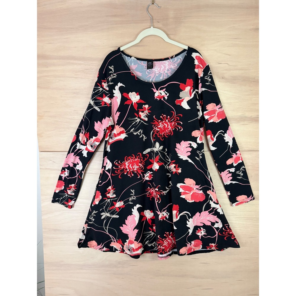 Lildy Women Black Pink Floral Long Sleeve Pocket Swing Tunic Top L XL